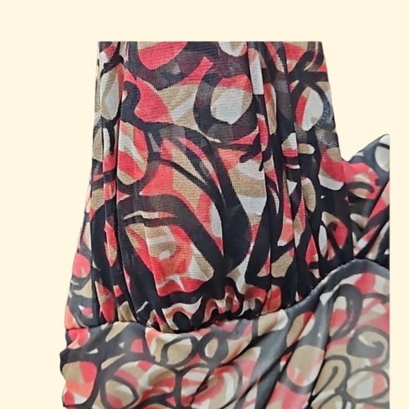 Studio Y, Sz Med, Halter, Dress,  Abstract, Red, Brown, Tan, Ruche, Hi/Lo Hem - Picture 16 of 16